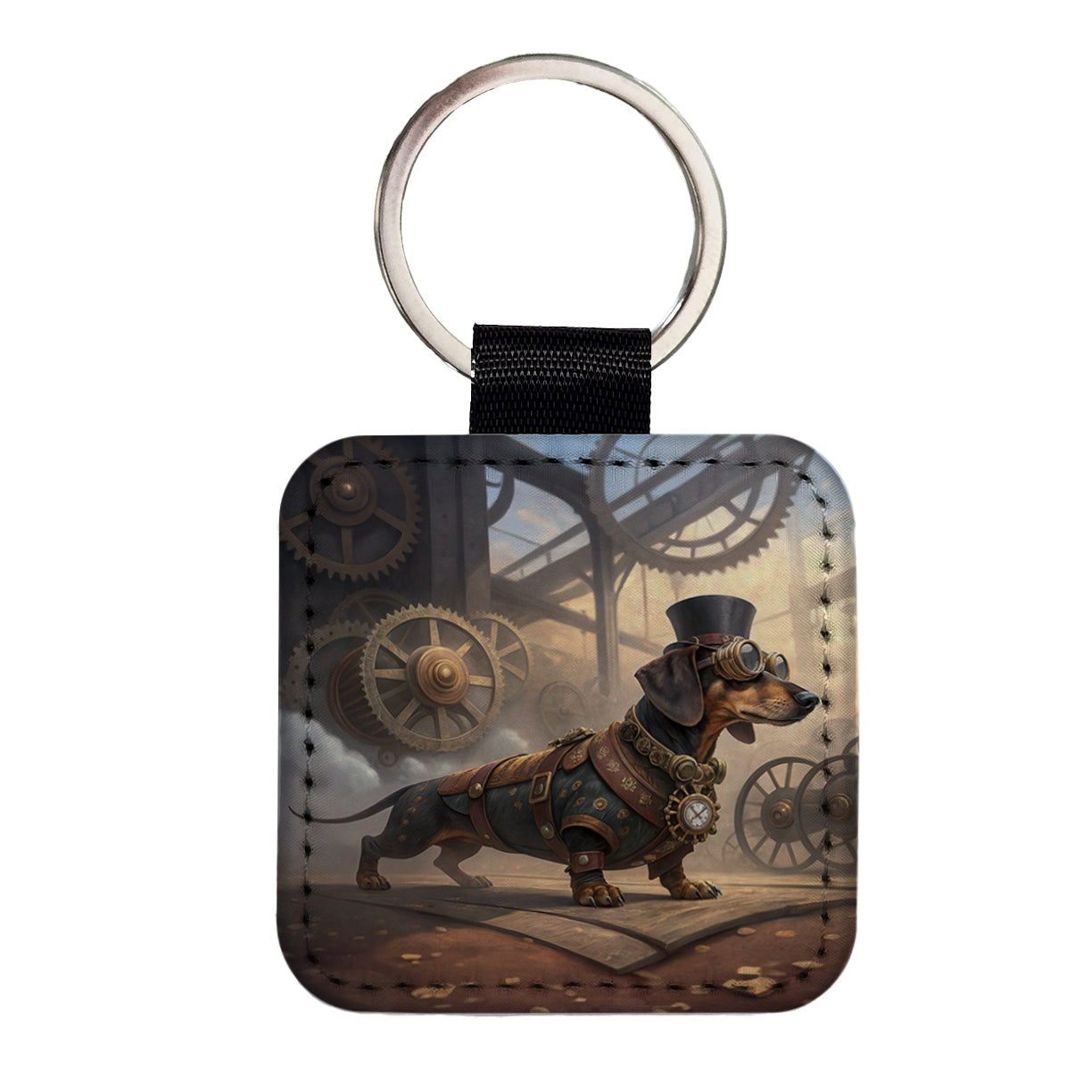Dachshund Wiener Dog Steampunk Square Faux Leather Keychain