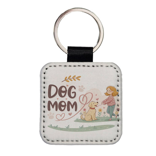 Dog Mom Cartoon Square Faux Leather Keychain