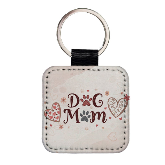 Dog Mom Cute Hearts Square Faux Leather Keychain