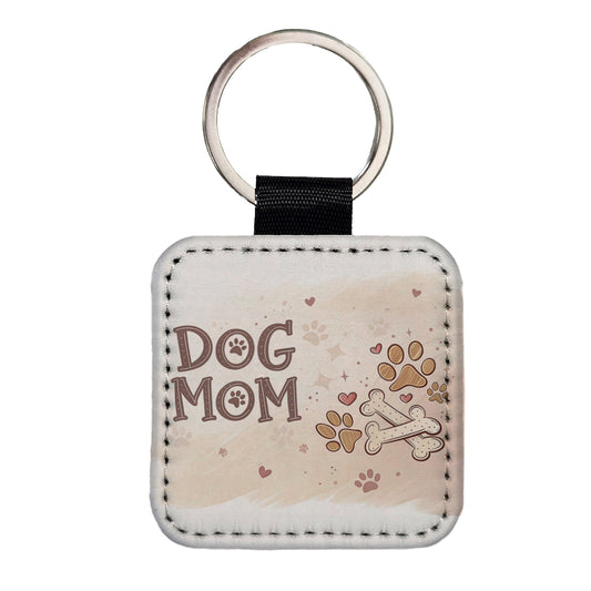 Dog Mom Paw Prints Treats Square Faux Leather Keychain