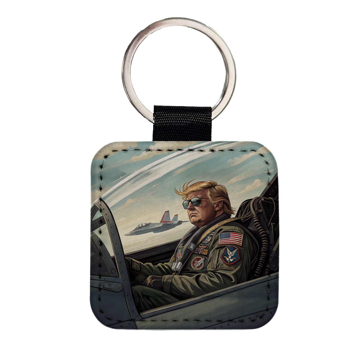 Donald Trump In Jet Fighter Funny Patriotic Square Faux Leather Keychain