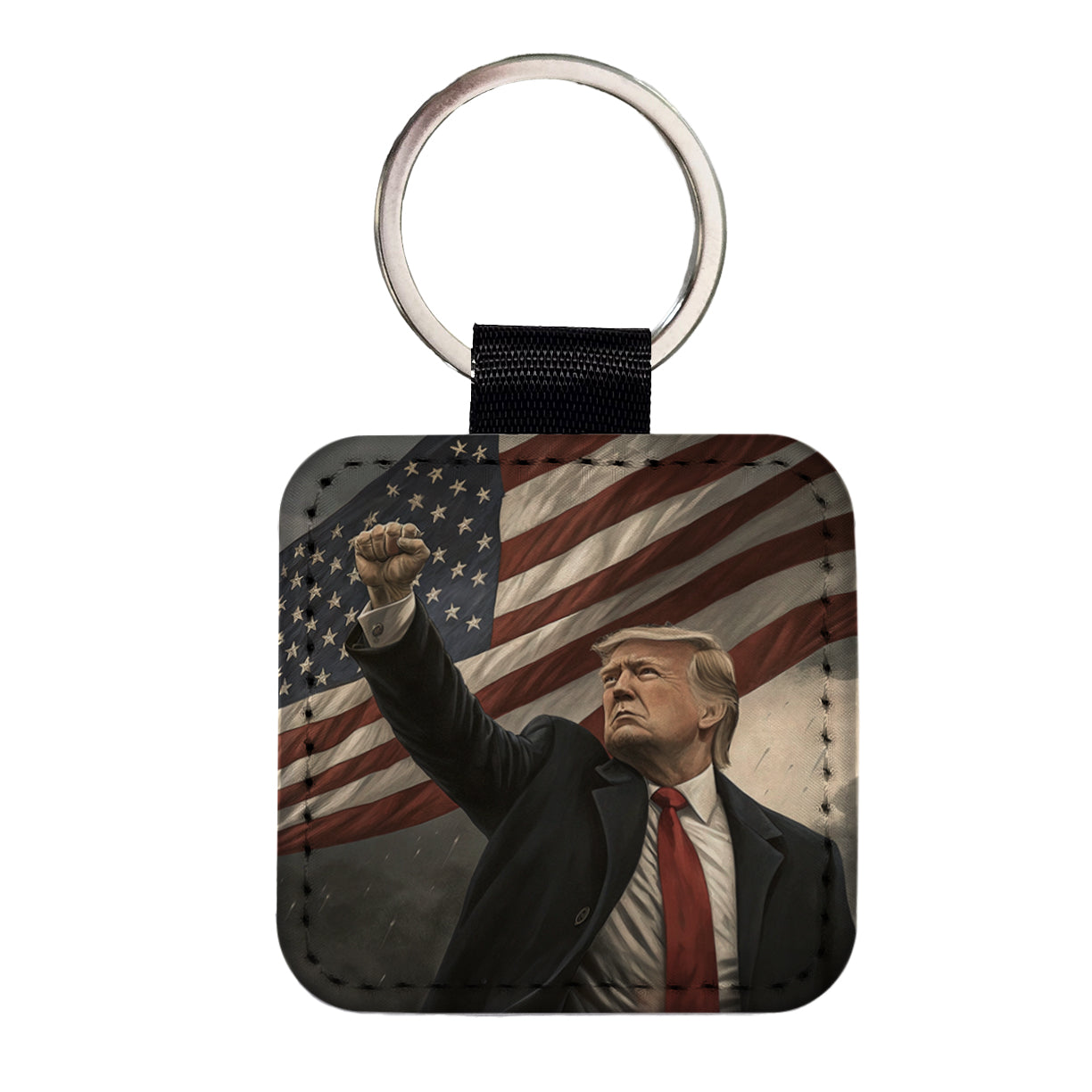 Donald Trump With Fist In The Air Patriotic Fight Square Faux Leather Keychain