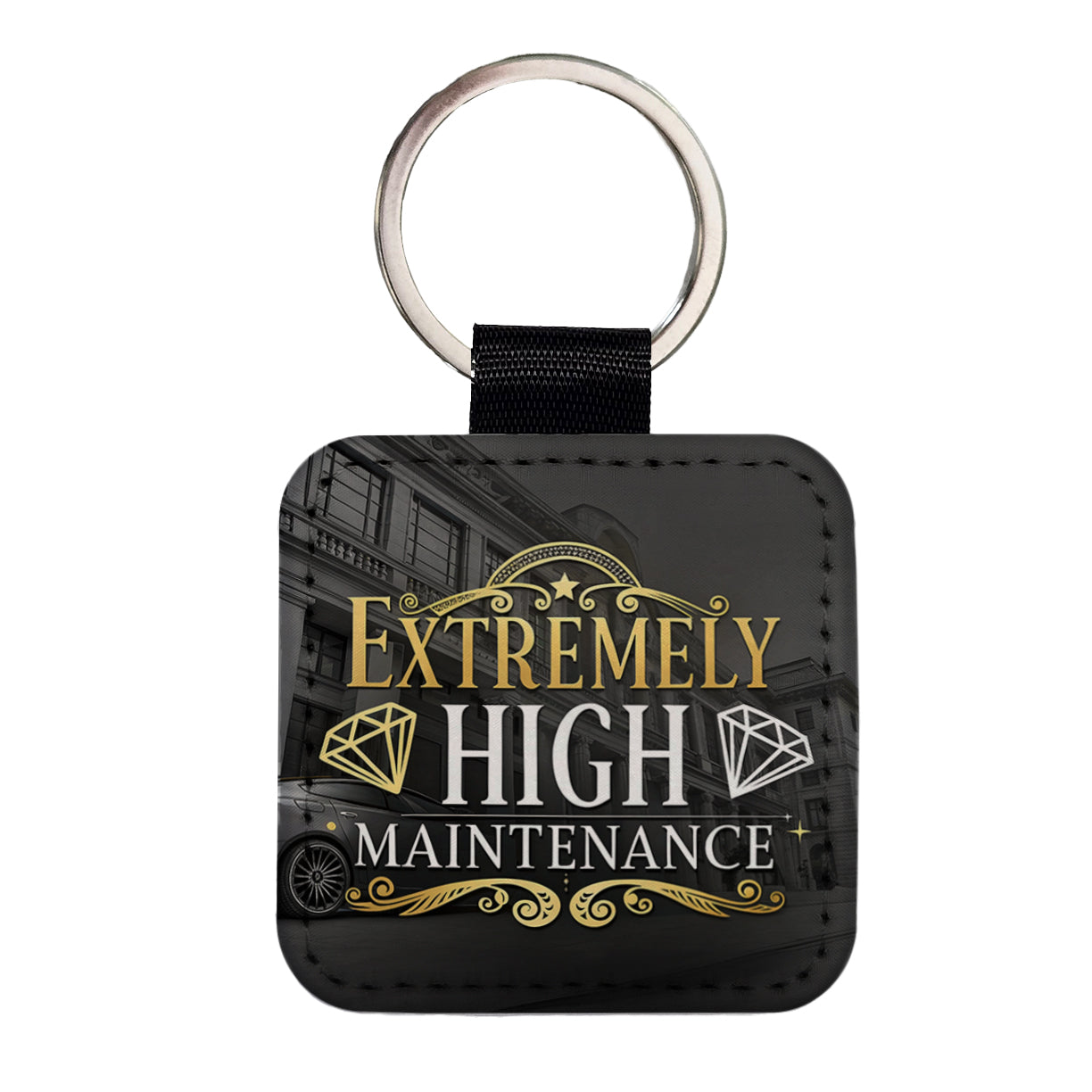 Extremely High Maintenance Funny Gold Diamonds Square Faux Leather Keychain