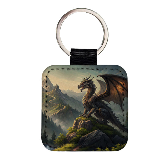 Fantasy Dragon on Mountain Illustration Square Faux Leather Keychain