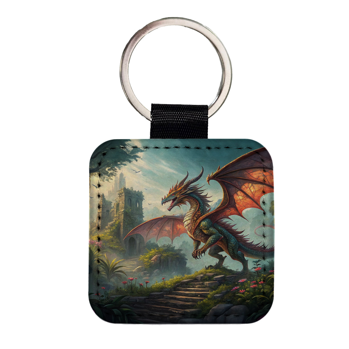 Fantasy Dragon Retro Pulp Magazine Illustration Square Faux Leather Keychain