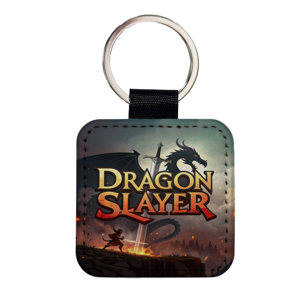 Fantasy Knight Dragon Slayer Illustration Square Faux Leather Keychain