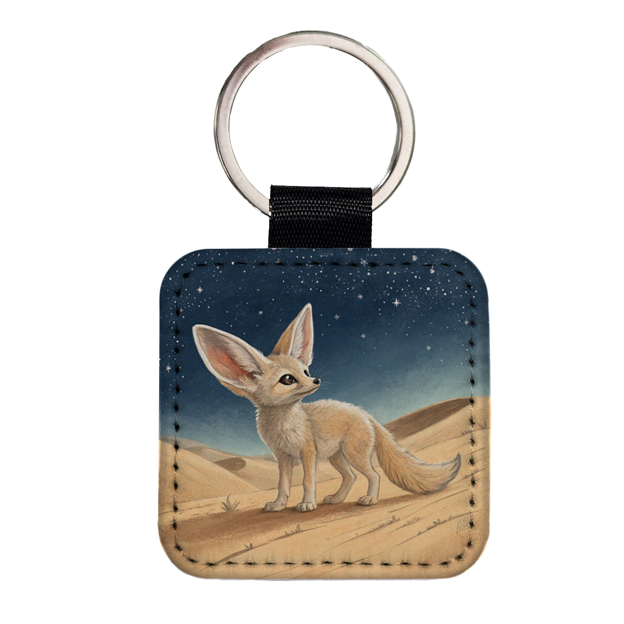 Fennec Fox Illustration Square Faux Leather Keychain