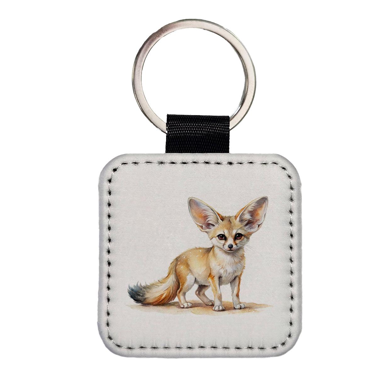 Fennec Fox Watercolor Square Faux Leather Keychain