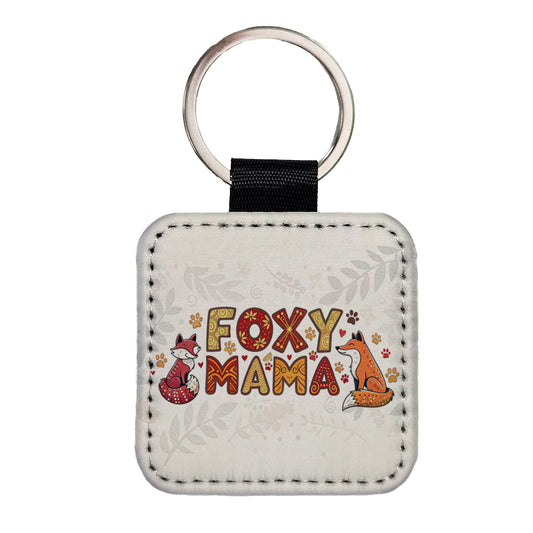 Foxy Mama Cute Fox Foxes Theme Square Faux Leather Keychain
