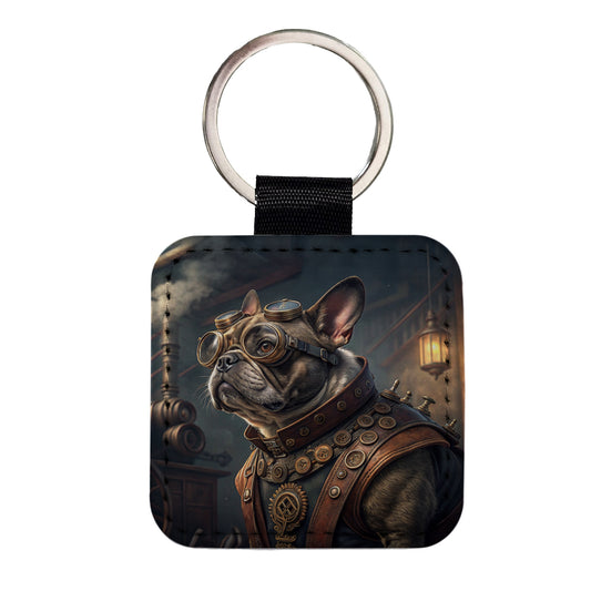 French Bulldog Dog Steampunk Square Faux Leather Keychain