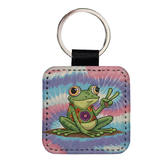 Frog Giving Peace Sign Tie-Dye Cartoon Square Faux Leather Keychain
