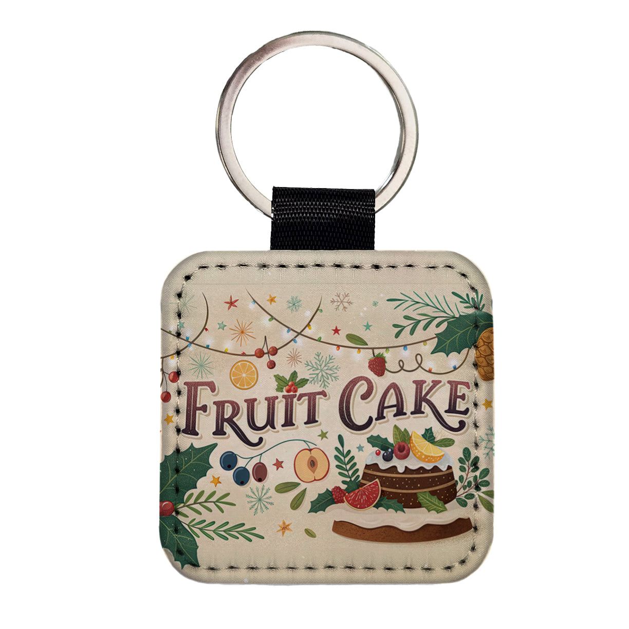Fruitcake Holiday Fruit Cake Square Faux Leather Keychain