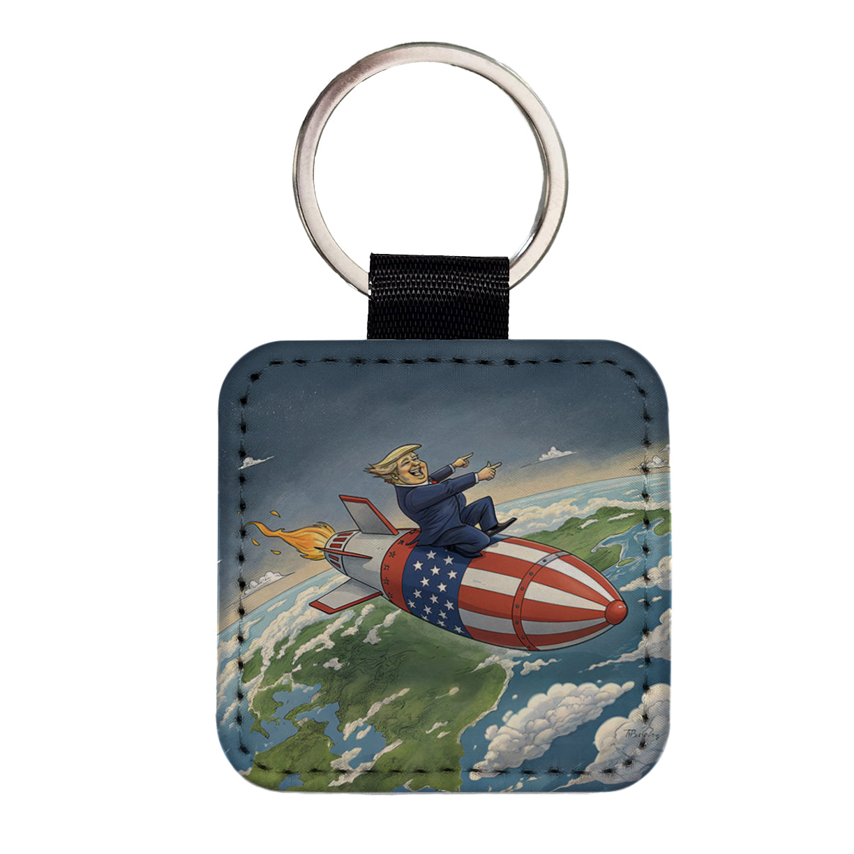 Funny Donald Trump Riding American Flag Missile Square Faux Leather Keychain