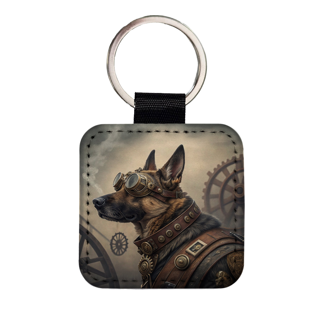 German Shepherd Dog Steampunk Square Faux Leather Keychain