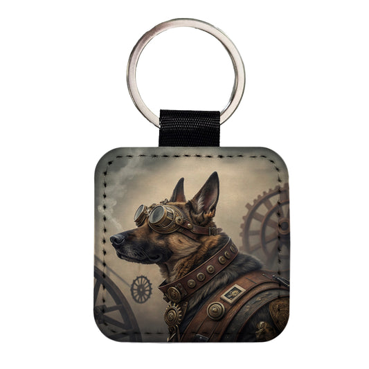 German Shepherd Dog Steampunk Square Faux Leather Keychain