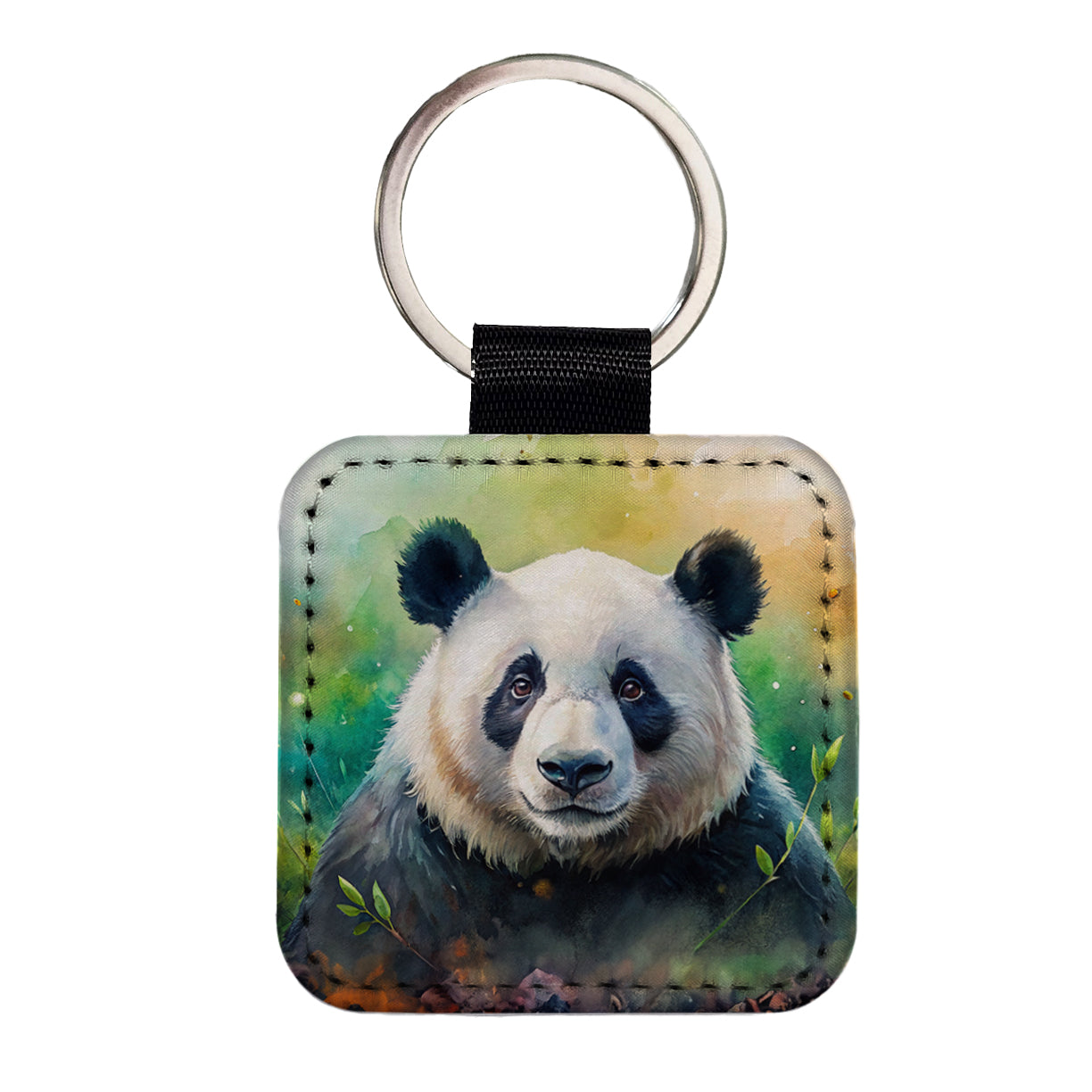 Giant Panda Bear Watercolor Square Faux Leather Keychain