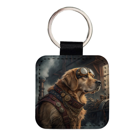 Golden Retriever Dog Steampunk Square Faux Leather Keychain