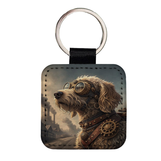 Goldendoodle Dog Steampunk Square Faux Leather Keychain