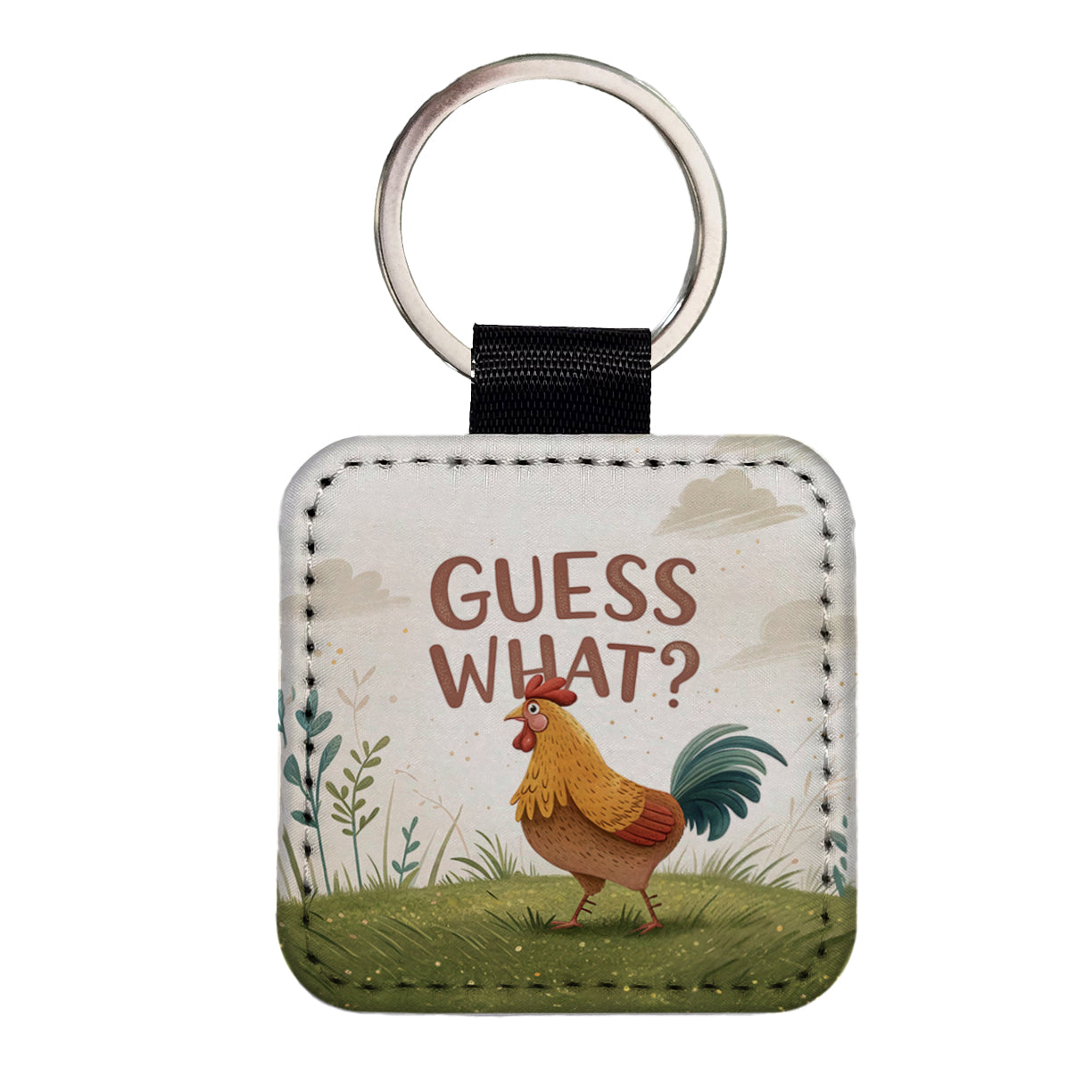 Guess What Chicken Butt Funny Cartoon Square Faux Leather Keychain