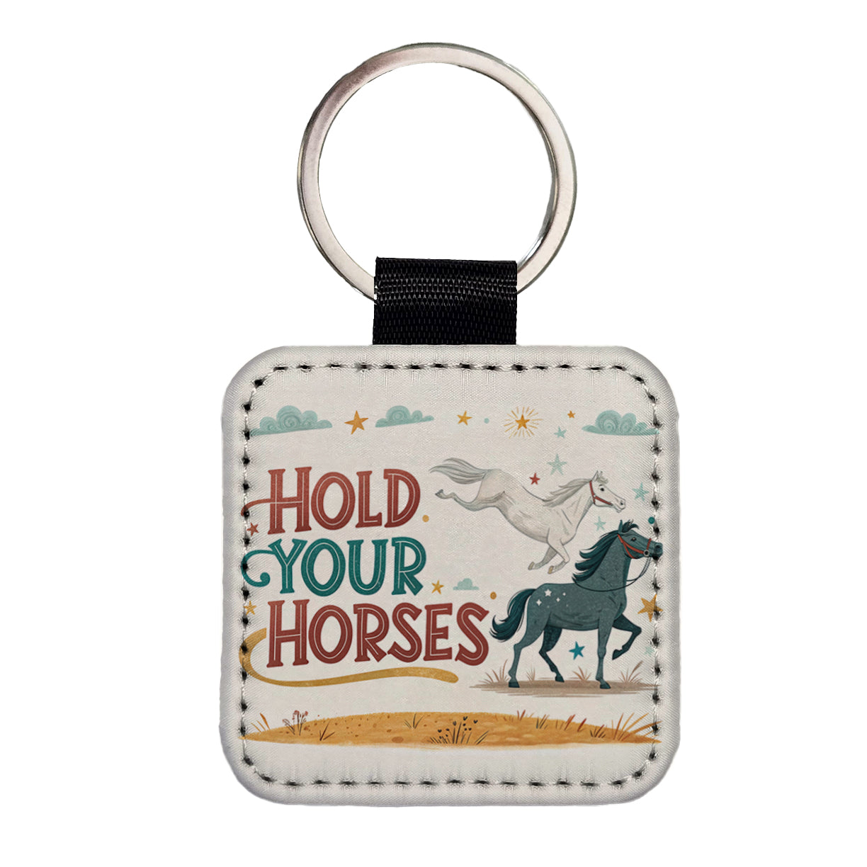 Hold Your Horses Funny Old Saying Square Faux Leather Keychain