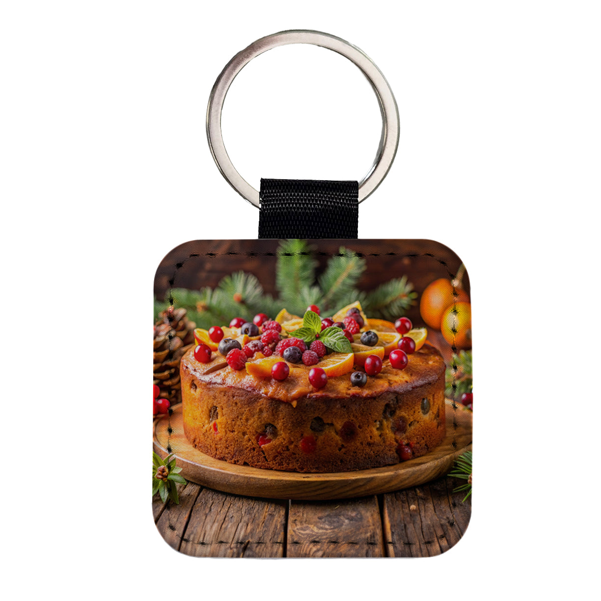 Holiday Fruitcake Fruit Cake Dessert Square Faux Leather Keychain