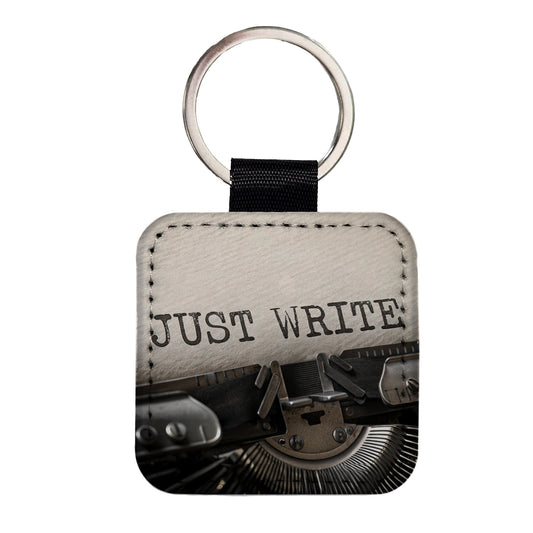 Just Write Retro Typewriter Inspirational Square Faux Leather Keychain