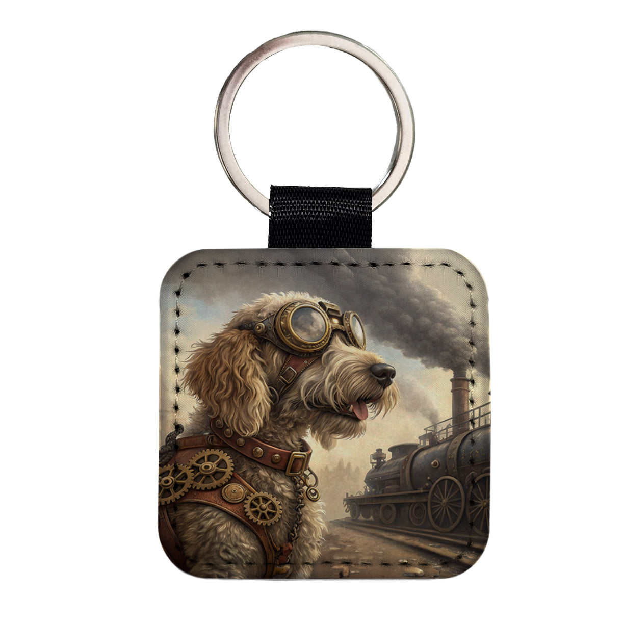 Labradoodle Dog Steampunk Square Faux Leather Keychain