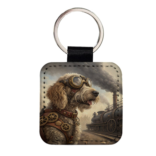 Labradoodle Dog Steampunk Square Faux Leather Keychain
