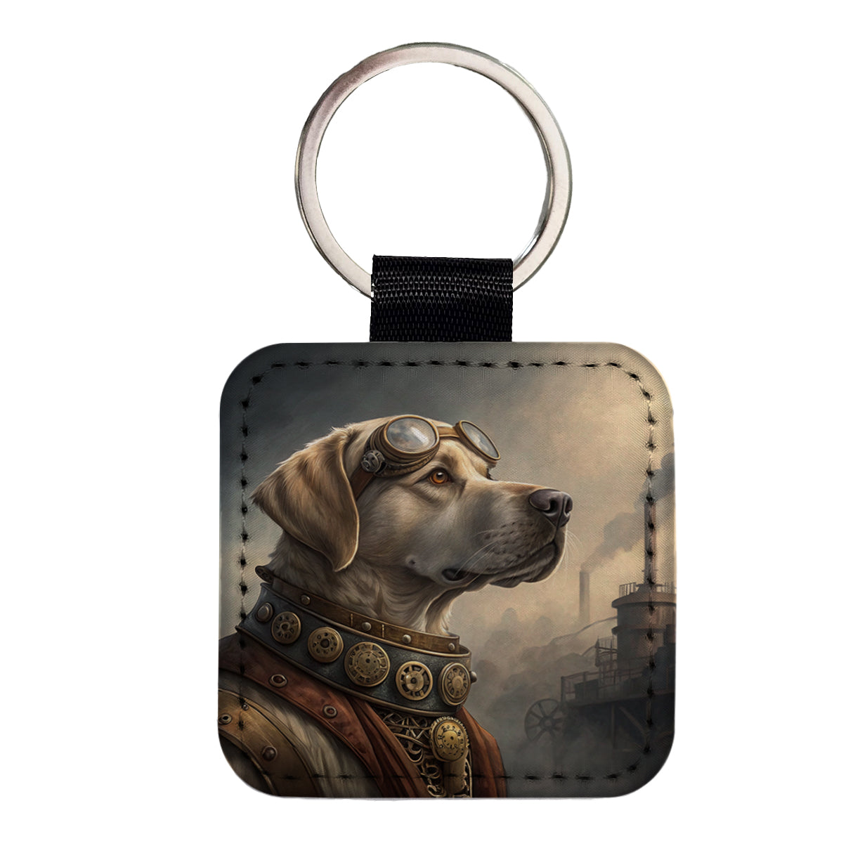 Labrador Retriever Dog Steampunk Square Faux Leather Keychain