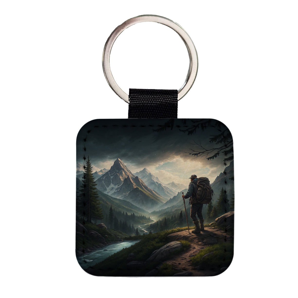 Man Hiking In The Mountains Square Faux Leather Keychain