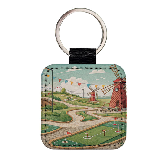 Miniature Golf Course Square Faux Leather Keychain