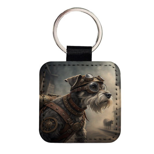 Miniature Schnauzer Dog Steampunk Square Faux Leather Keychain