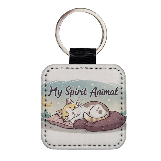 My Spirit Animal Sleeping Cat Funny Square Faux Leather Keychain