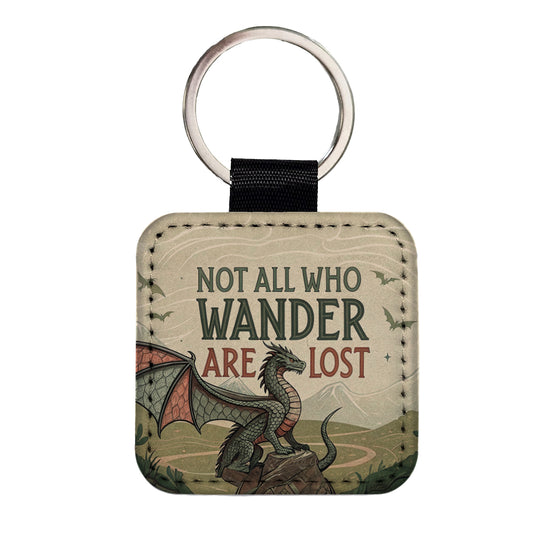 Not All Who Wander Are Lost Vintage Fantasy Illustration Square Faux Leather Keychain