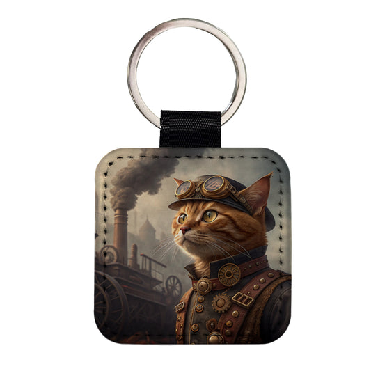 Orange Tabby Cat Steampunk Square Faux Leather Keychain