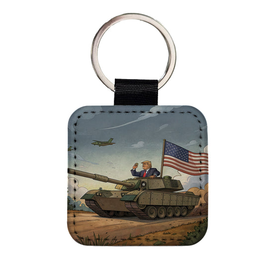 Patriotic Donald Trump Driving M1 Abrams Tank Funny Square Faux Leather Keychain