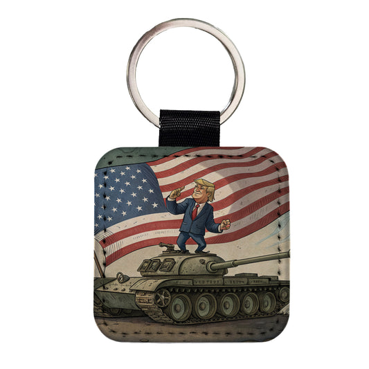 Patriotic Donald Trump Standing On Tank Funny Square Faux Leather Keychain