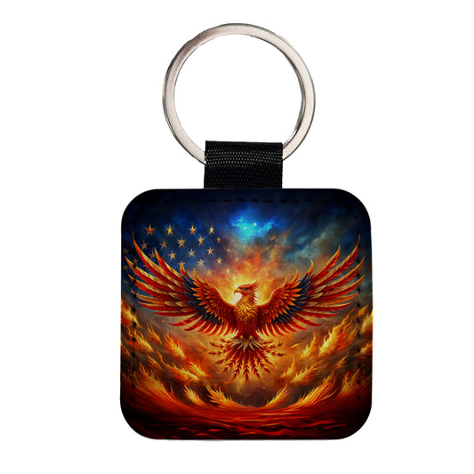 Patriotic Phoenix Rising American Flag Square Faux Leather Keychain