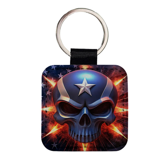 Patriotic Skull And American Flag Square Faux Leather Keychain