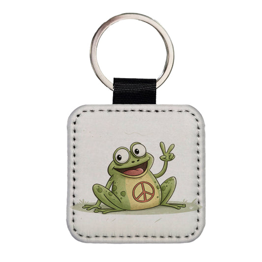 Peace Sign Frog Cartoon Square Faux Leather Keychain