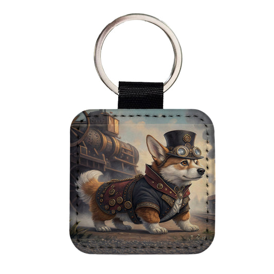 Pembroke Welsh Corgi Dog Steampunk Square Faux Leather Keychain