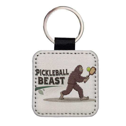 Pickleball Beast Funny Bigfoot Holding Paddle Square Faux Leather Keychain