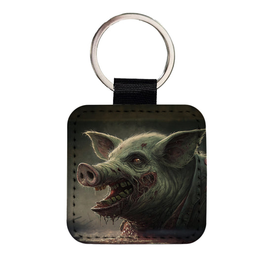 Pig Zombie Creepy Scary Halloween Square Faux Leather Keychain