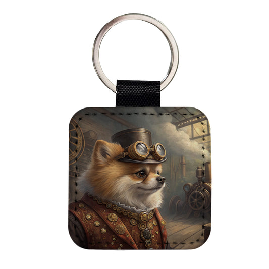 Pomeranian Dog Steampunk Square Faux Leather Keychain
