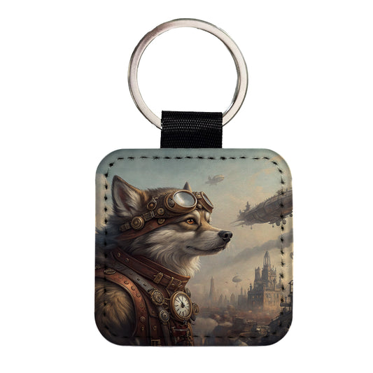 Pomsky Dog Steampunk Square Faux Leather Keychain