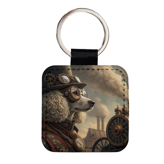 Poodle Dog Steampunk Square Faux Leather Keychain