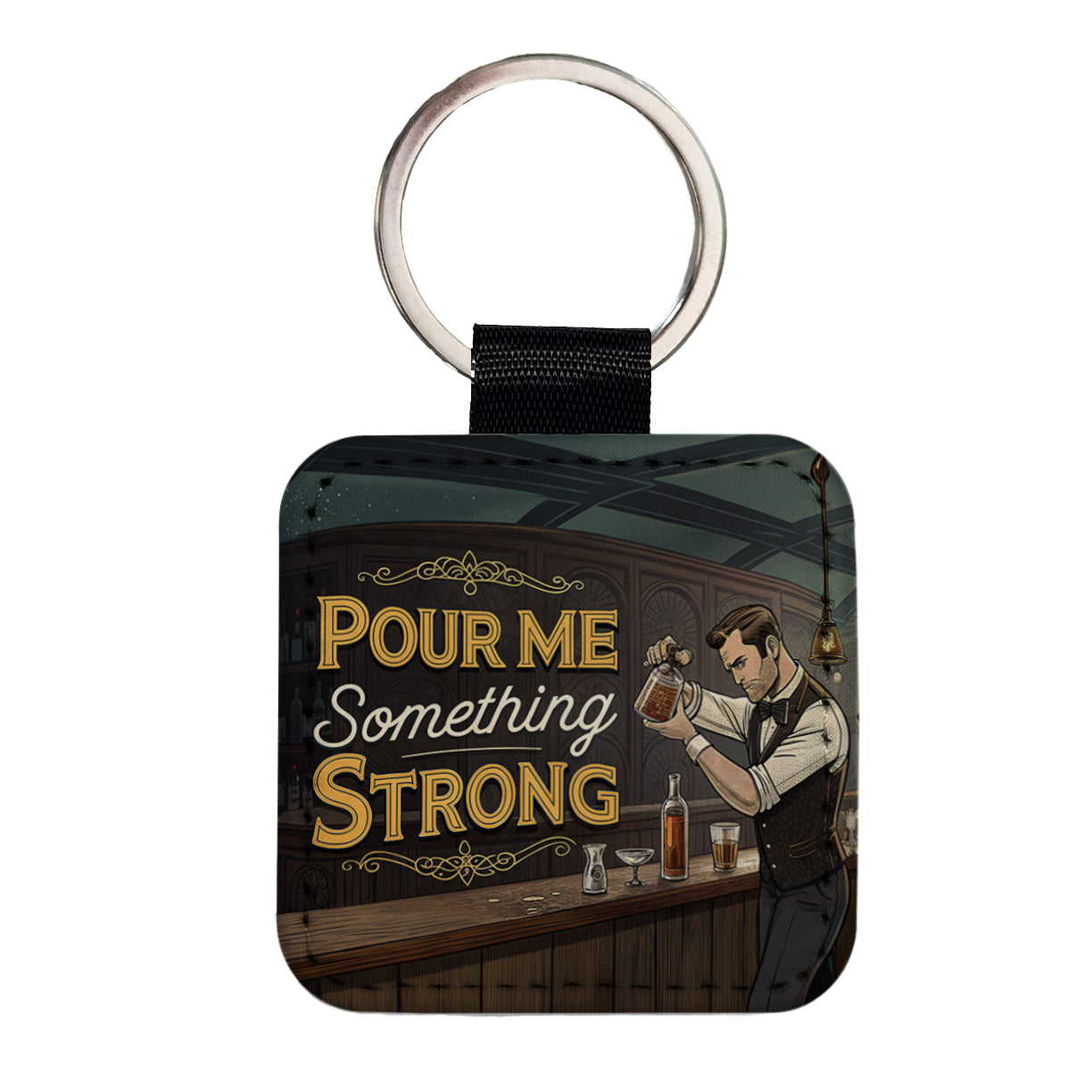Pour Me Something Strong Retro Bar Alcohol Funny Square Faux Leather Keychain