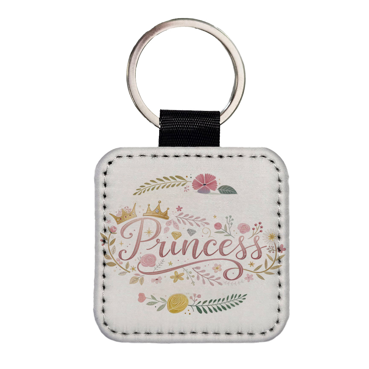 Princess Floral Cute Funny Square Faux Leather Keychain