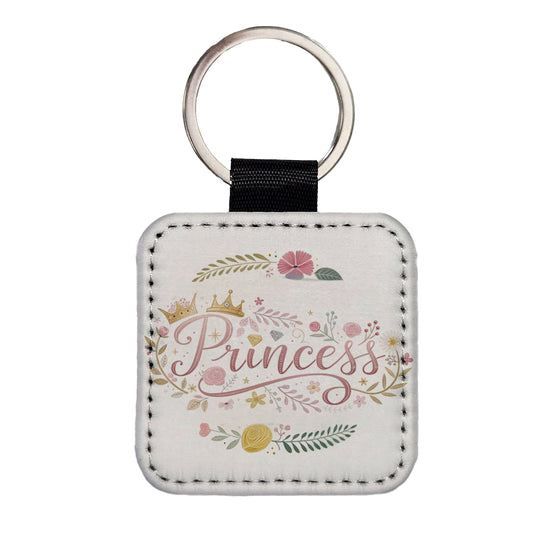 Princess Floral Cute Funny Square Faux Leather Keychain