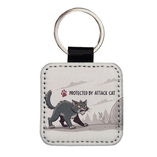 Protected By Attack Cat Funny Square Faux Leather Keychain